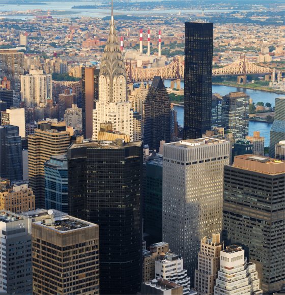 Aerial view of a dense city skyline near New Jersey