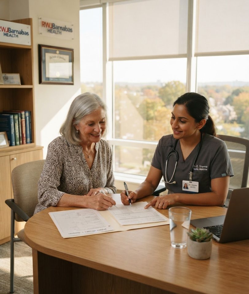 Physician reviewing Medicare paperwork with an older patient