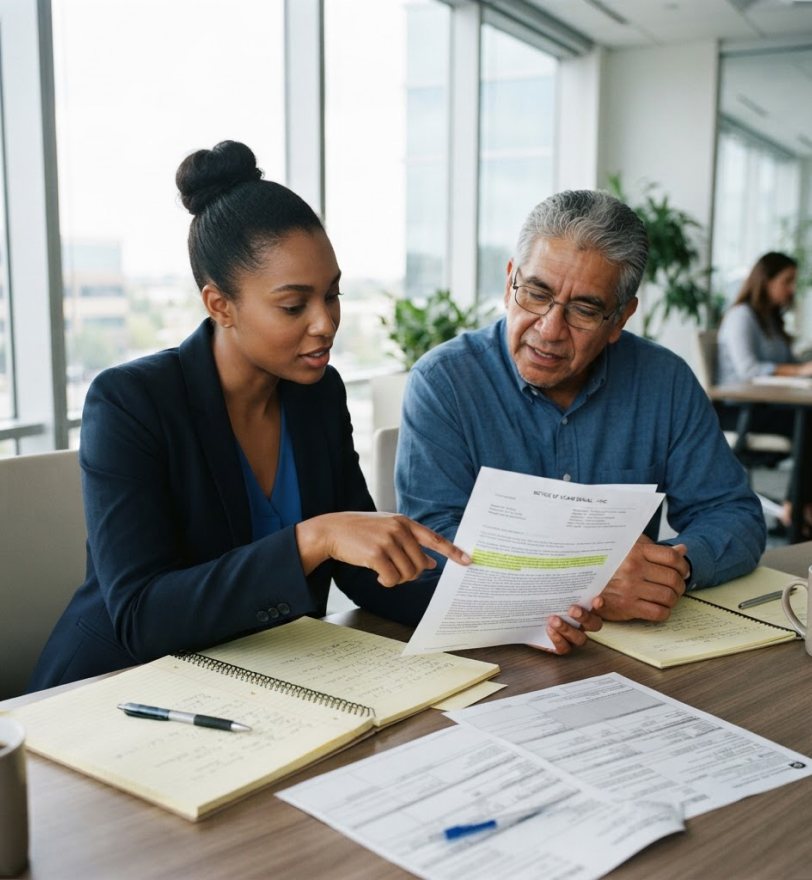Billing advocate reviewing a payer denial letter with a physician