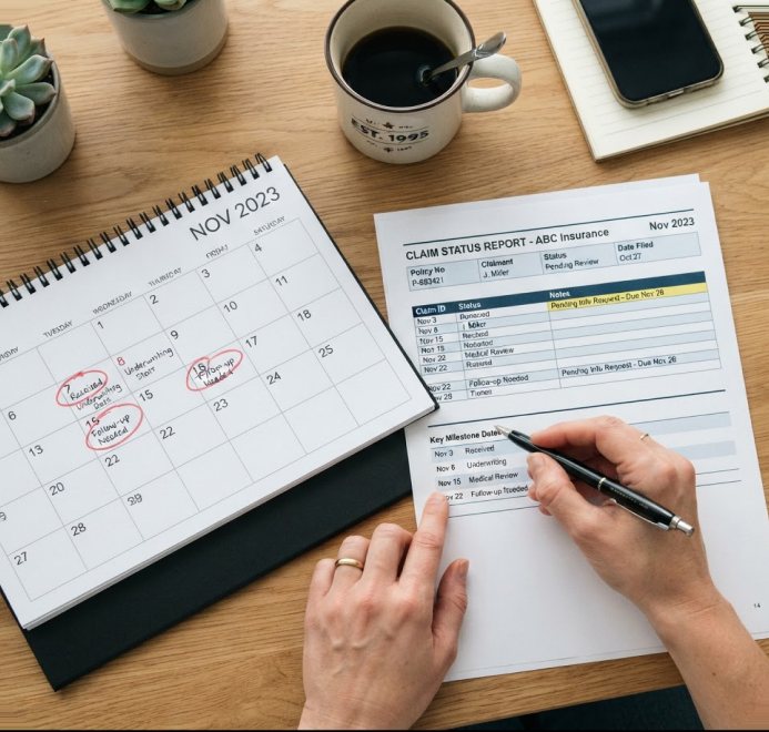 Claim status report and calendar used to track payer payment deadlines