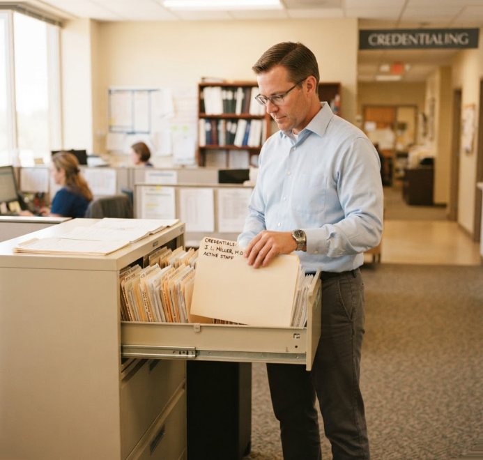 Credentialing coordinator pulling a provider file from a cabinet