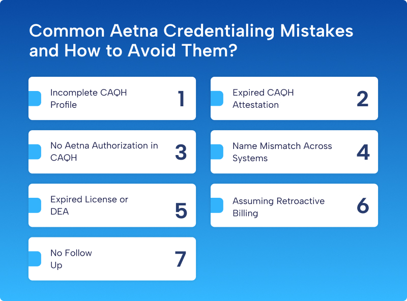 Infographic showing 7 common Aetna credentialing mistakes and how to avoid them
