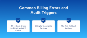 Common Article 28 billing audit triggers including ZIP+4 claim errors, incomplete service billing, and anti-kickback compliance violations