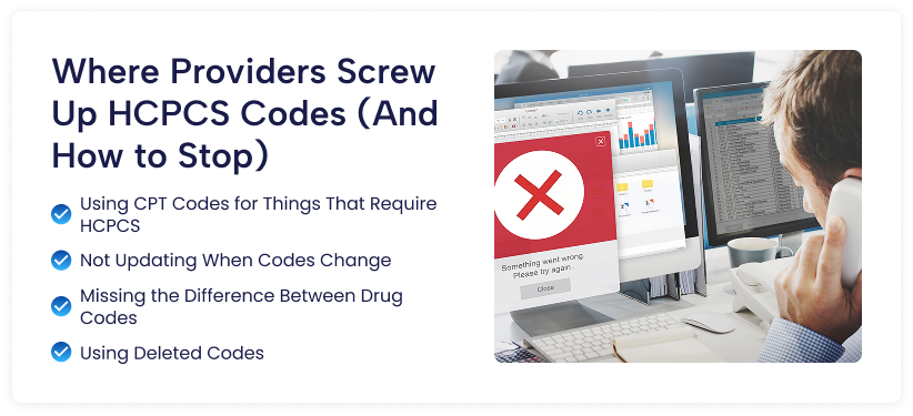 Where Providers Make HCPCS Coding Mistakes Healthcare professional reviewing billing and coding records on multiple computer screens, illustrating common HCPCS coding mistakes such as using CPT codes instead of HCPCS codes, missing drug coding requirements, failing to update quarterly code changes, and submitting deleted codes.