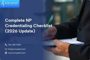 Infographic showing the 19-step nurse practitioner credentialing process from education and certification to payer enrollment and re-credentialing.