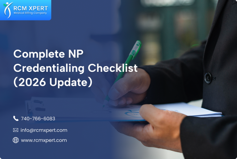 Infographic showing the 19-step nurse practitioner credentialing process from education and certification to payer enrollment and re-credentialing.