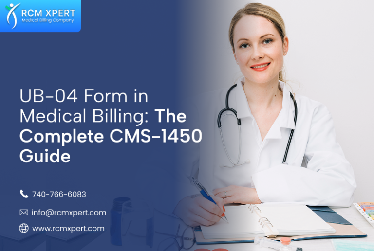 Healthcare professional completing UB-04 institutional claim form documentation with stethoscope, representing medical billing and revenue cycle management processes.