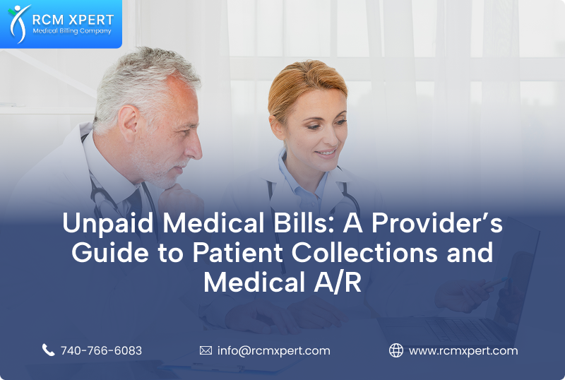 RCM Xpert healthcare billing company header image for the guide "Unpaid Medical Bills: A Provider's Guide to Patient Collections and Medical A/R"