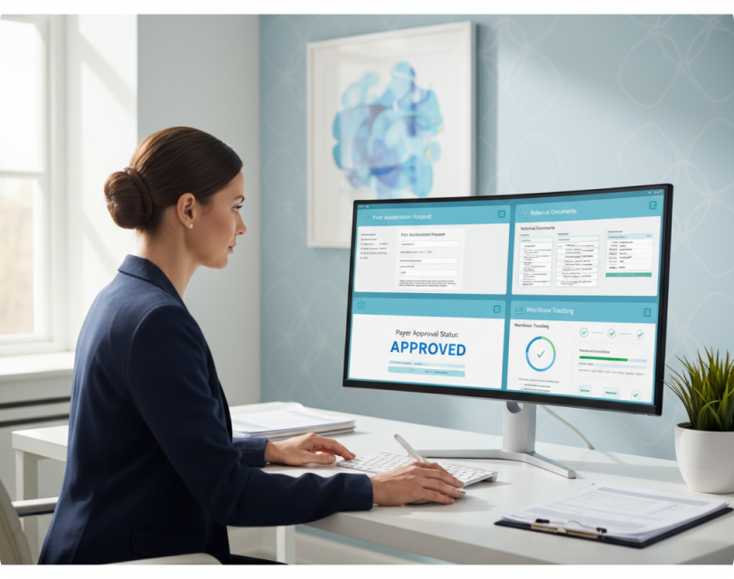 Billing specialist reviewing an approved prior authorization on screen